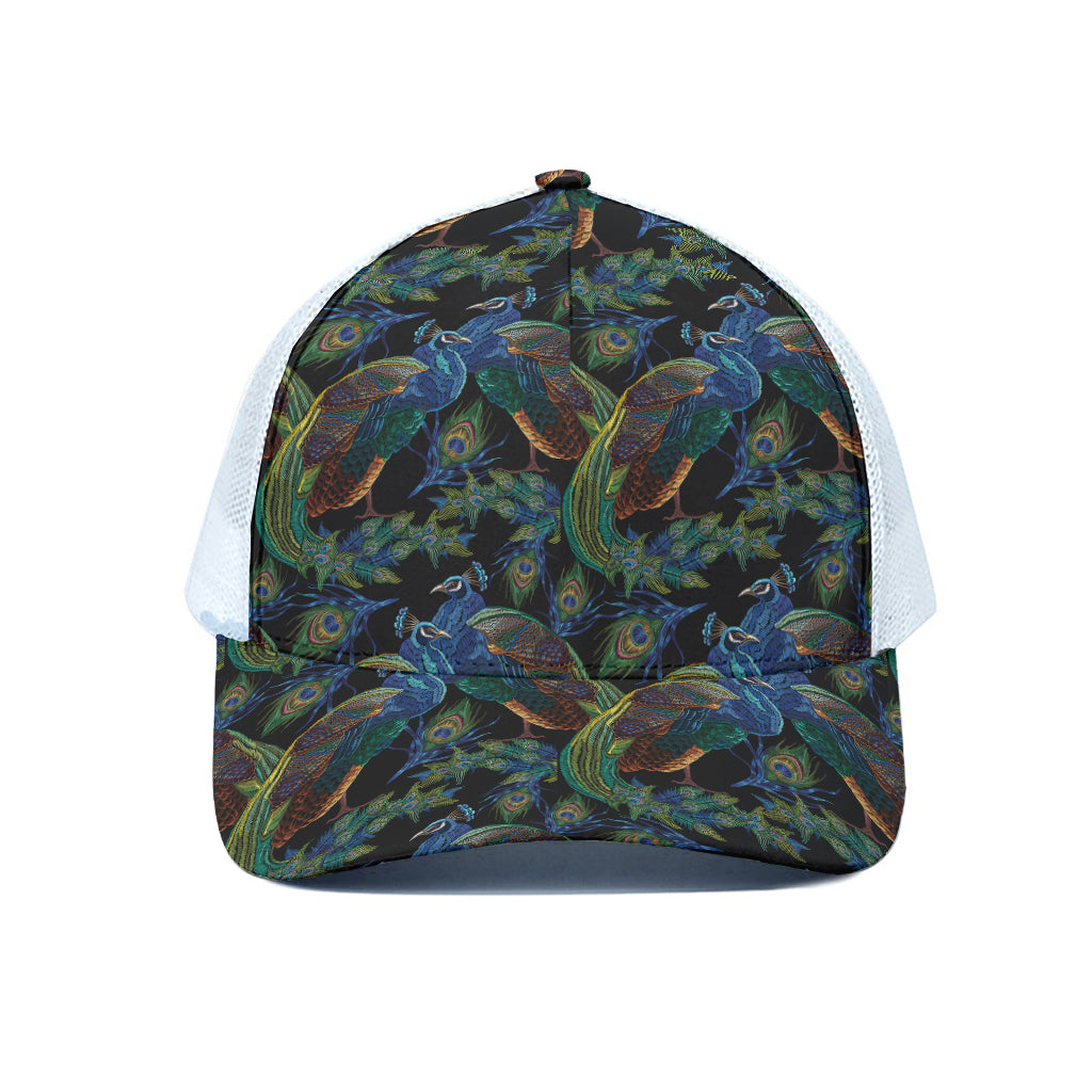 Embroidery Peacock Pattern Print White Mesh Trucker Cap