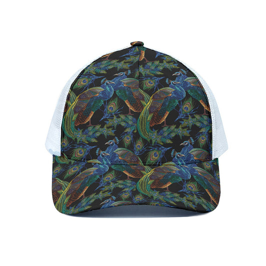 Embroidery Peacock Pattern Print White Mesh Trucker Cap