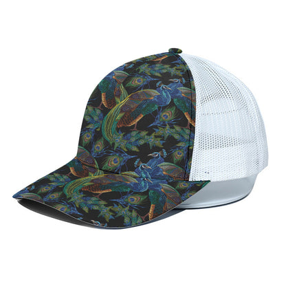 Embroidery Peacock Pattern Print White Mesh Trucker Cap