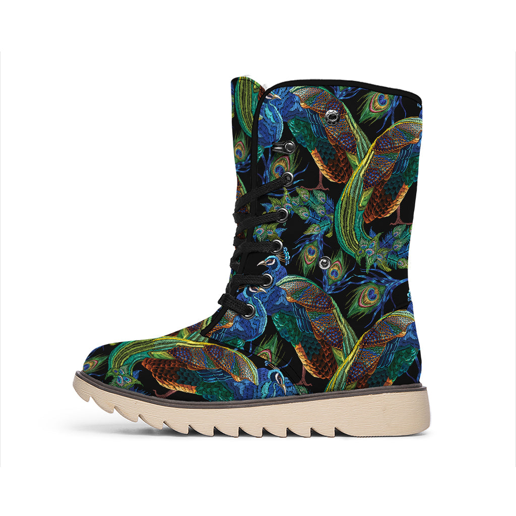 Embroidery Peacock Pattern Print Winter Boots
