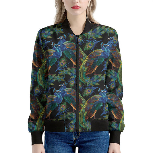 Embroidery Peacock Pattern Print Women's Bomber Jacket