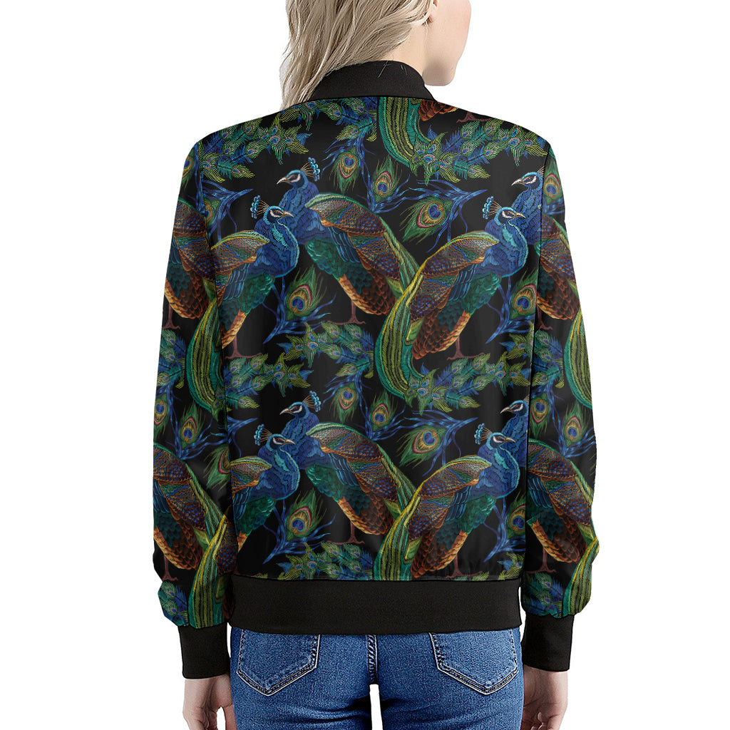 Embroidery Peacock Pattern Print Women's Bomber Jacket