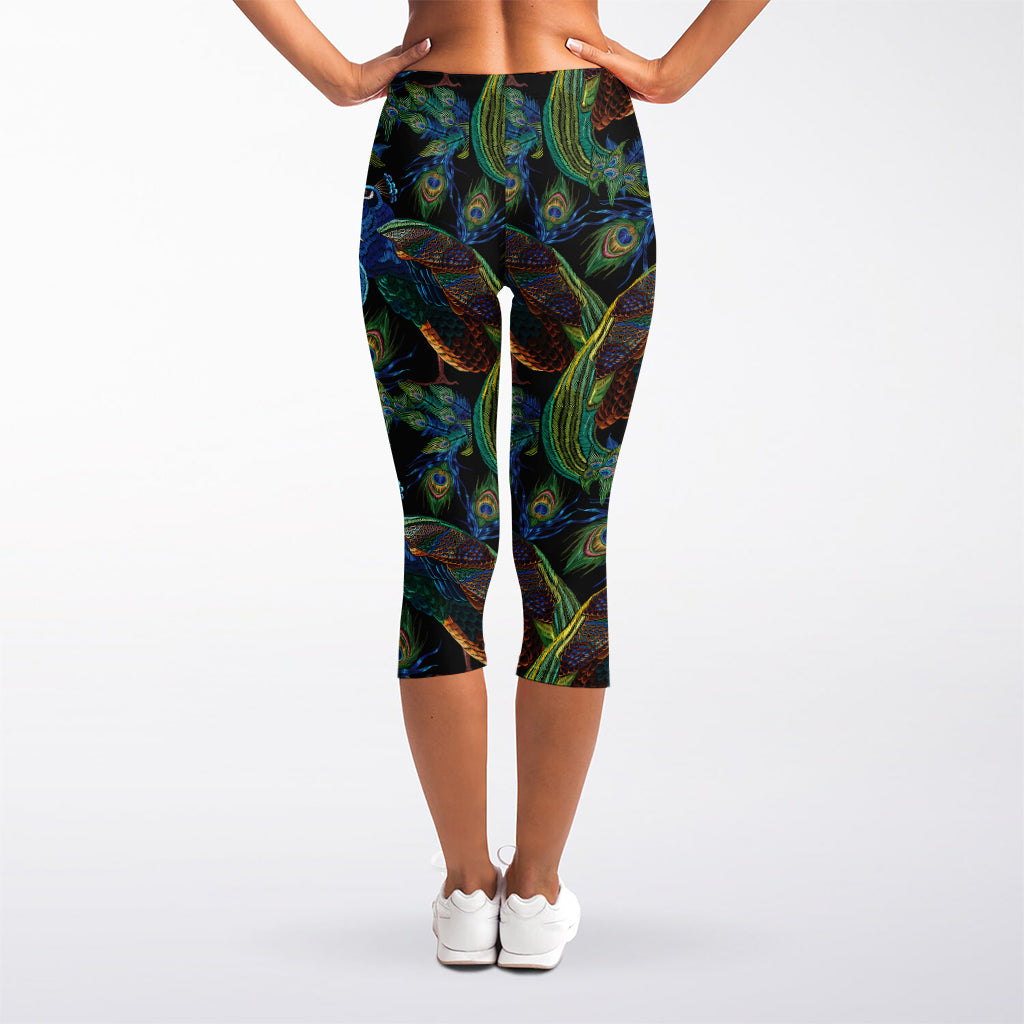Embroidery Peacock Pattern Print Women's Capri Leggings
