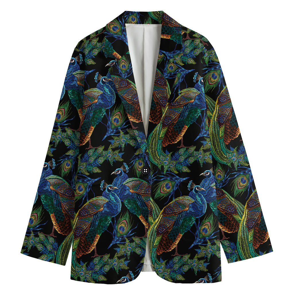 Embroidery Peacock Pattern Print Women's Cotton Blazer
