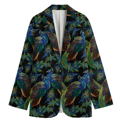 Embroidery Peacock Pattern Print Women's Cotton Blazer