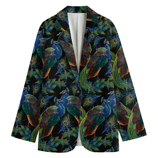 Embroidery Peacock Pattern Print Women's Cotton Blazer