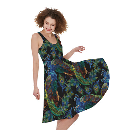 Embroidery Peacock Pattern Print Women's Sleeveless Dress