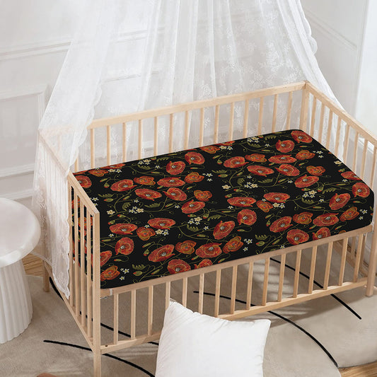 Embroidery Poppy Pattern Print Baby Crib Sheet