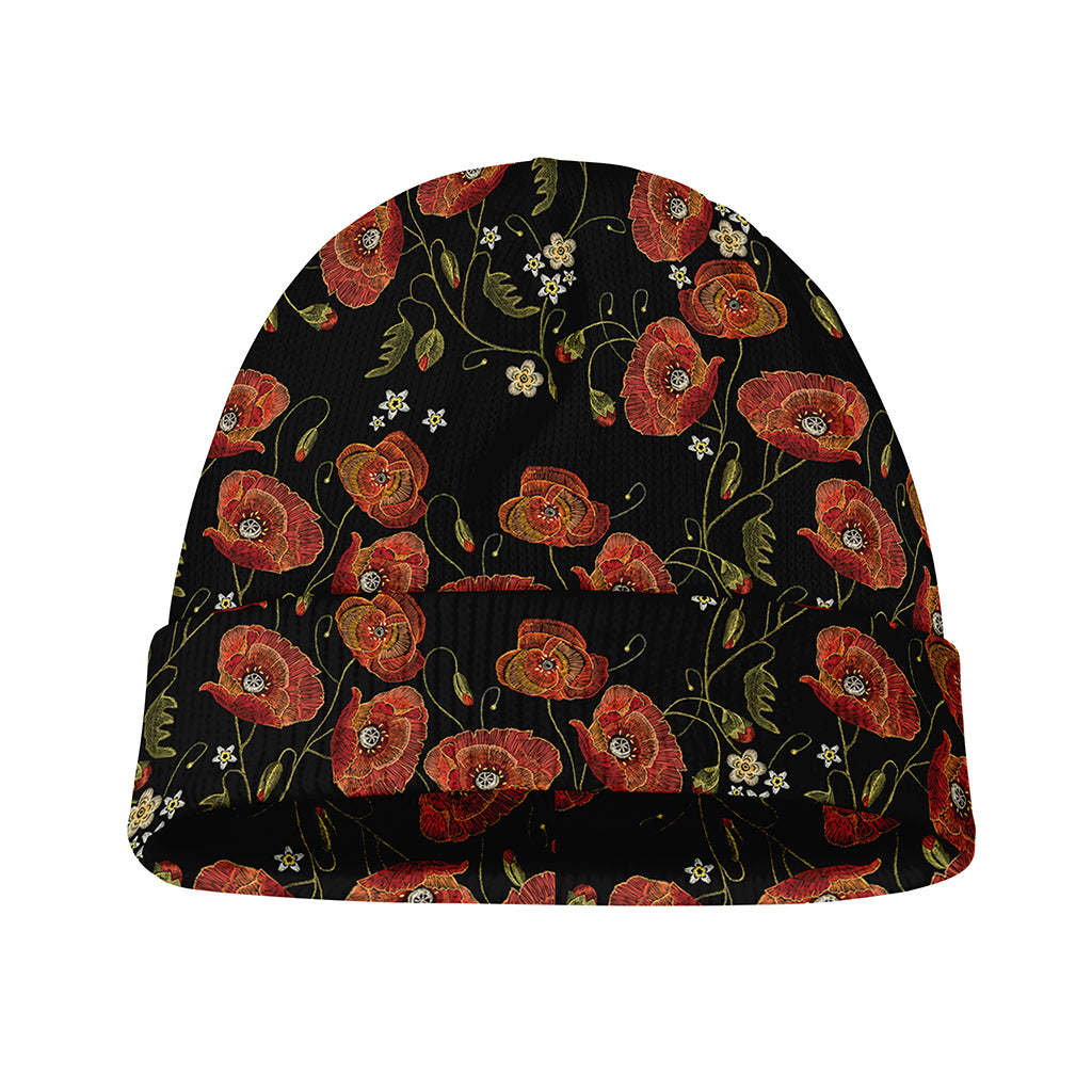 Embroidery Poppy Pattern Print Beanie