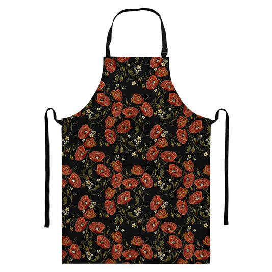 Embroidery Poppy Pattern Print Bib Apron With Pocket