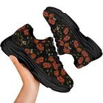 Embroidery Poppy Pattern Print Black Chunky Shoes