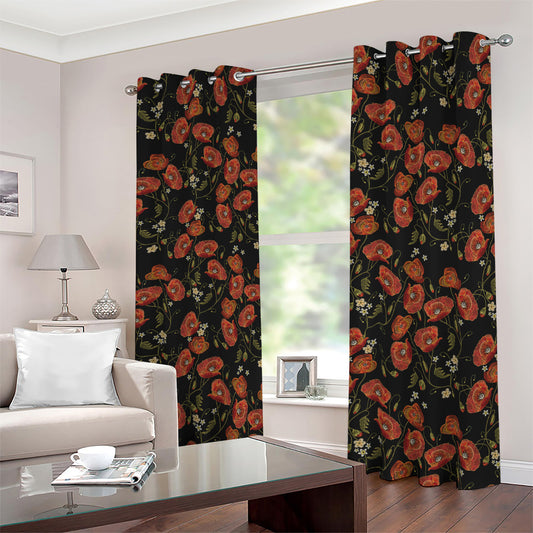 Embroidery Poppy Pattern Print Blackout Grommet Curtains