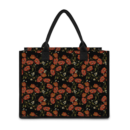 Embroidery Poppy Pattern Print Canvas Tote Bag