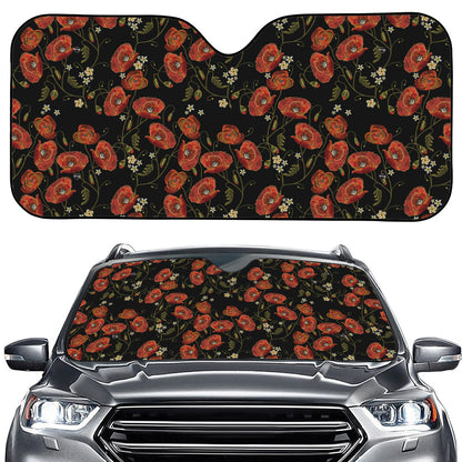 Embroidery Poppy Pattern Print Car Windshield Sun Shade