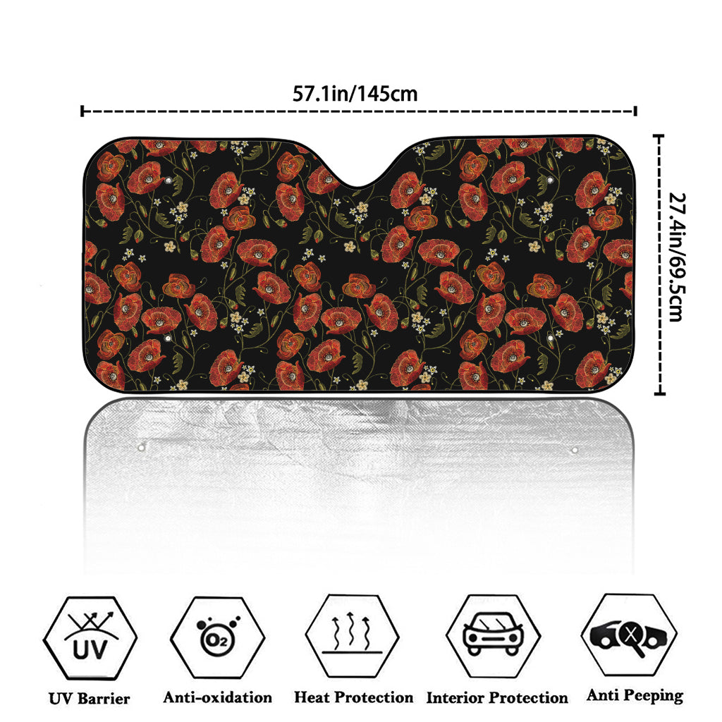 Embroidery Poppy Pattern Print Car Windshield Sun Shade