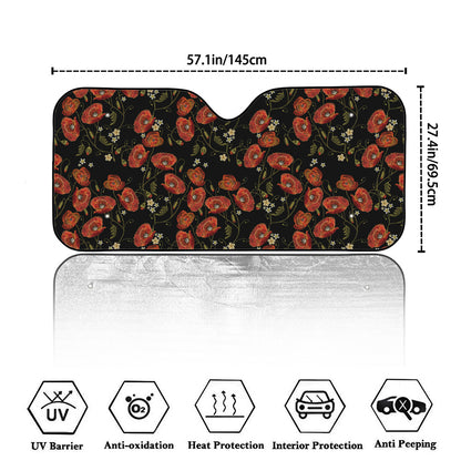 Embroidery Poppy Pattern Print Car Windshield Sun Shade