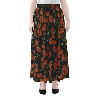 Embroidery Poppy Pattern Print Chiffon Maxi Skirt