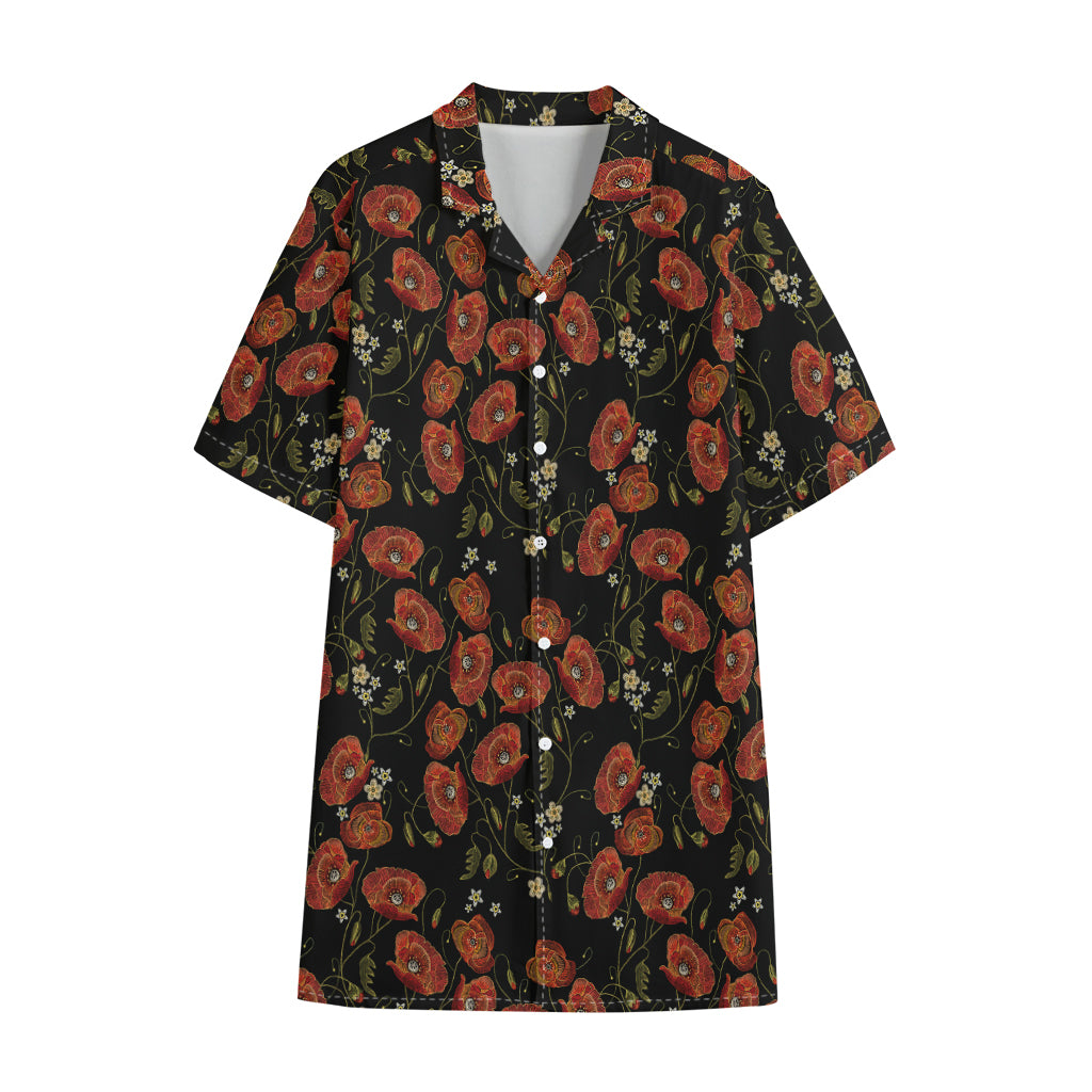 Embroidery Poppy Pattern Print Cotton Hawaiian Shirt