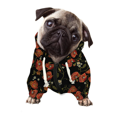 Embroidery Poppy Pattern Print Dog Zip Up Hoodie