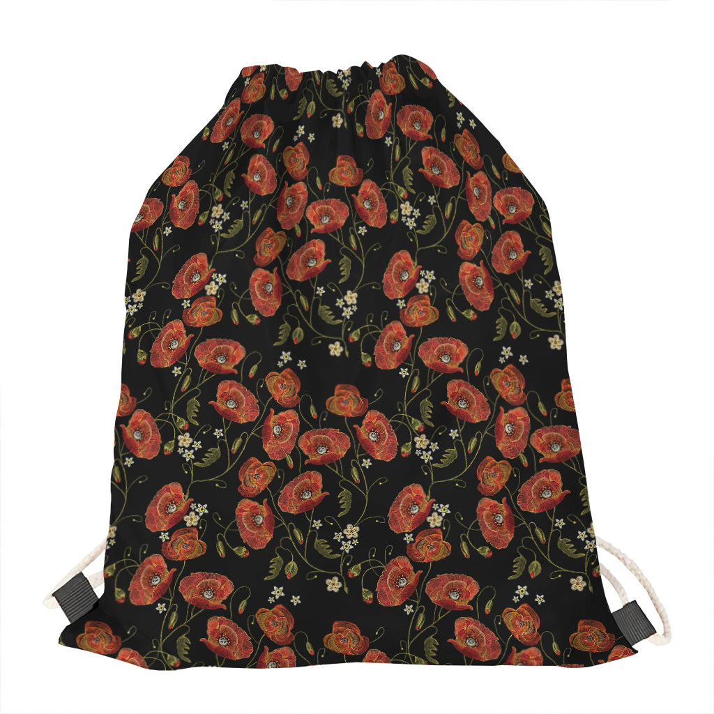 Embroidery Poppy Pattern Print Drawstring Bag