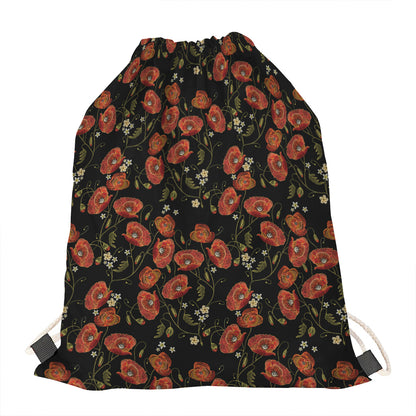 Embroidery Poppy Pattern Print Drawstring Bag