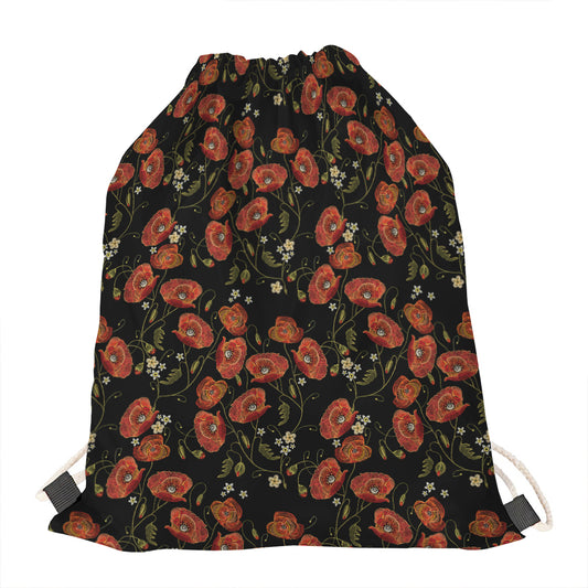 Embroidery Poppy Pattern Print Drawstring Bag
