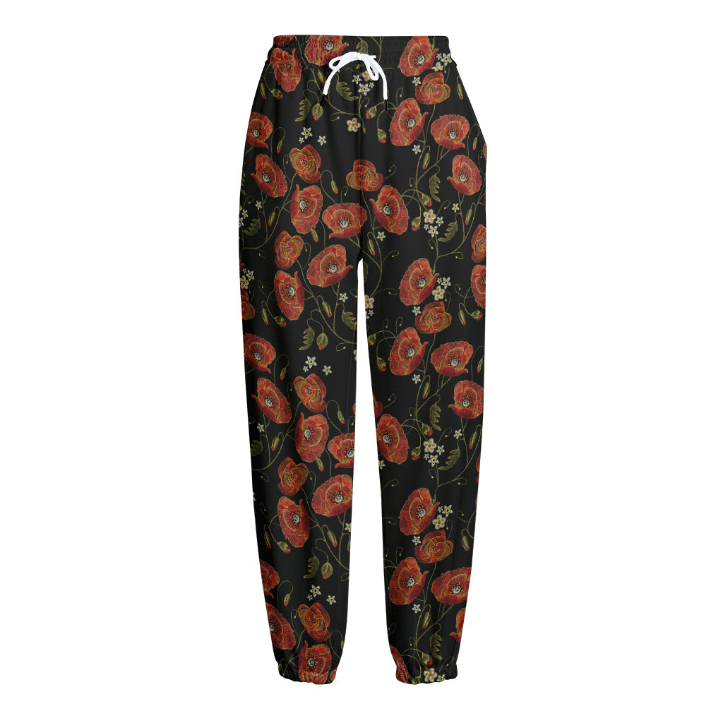 Embroidery Poppy Pattern Print Fleece Lined Knit Pants