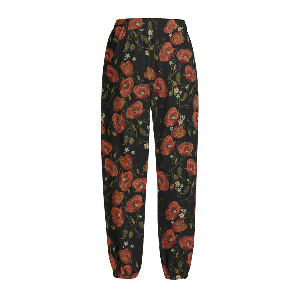 Embroidery Poppy Pattern Print Fleece Lined Knit Pants