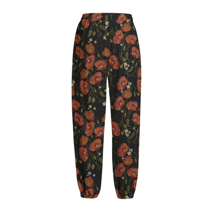 Embroidery Poppy Pattern Print Fleece Lined Knit Pants