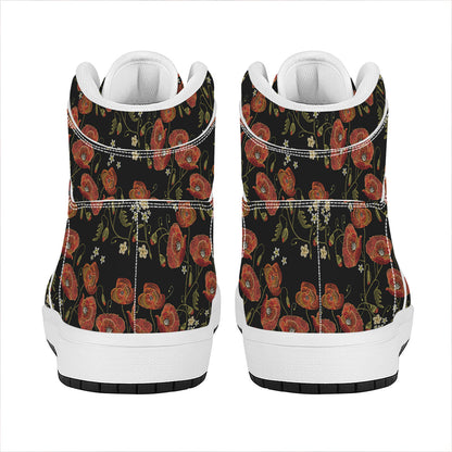 Embroidery Poppy Pattern Print High Top Leather Sneakers
