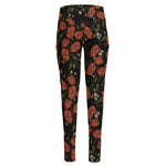 Embroidery Poppy Pattern Print High-Waisted Pocket Leggings