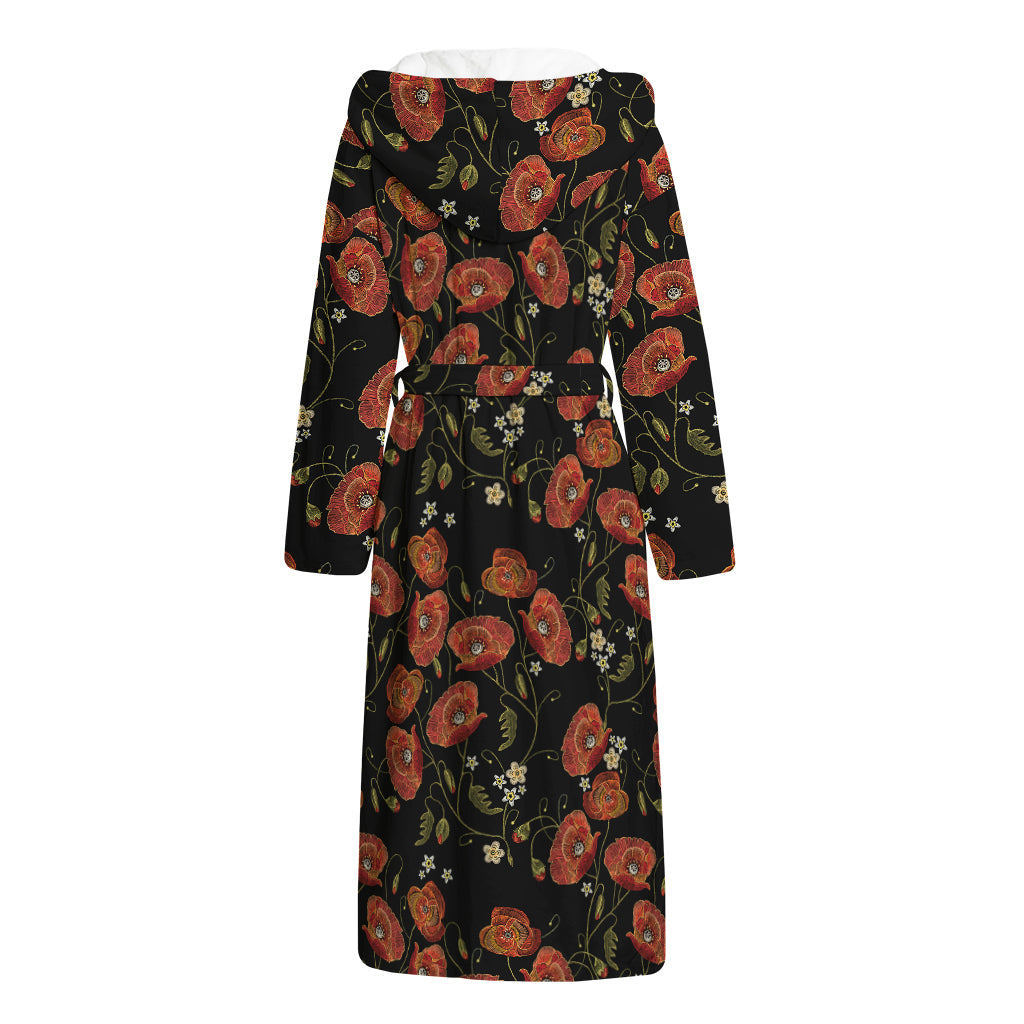 Embroidery Poppy Pattern Print Hooded Bathrobe