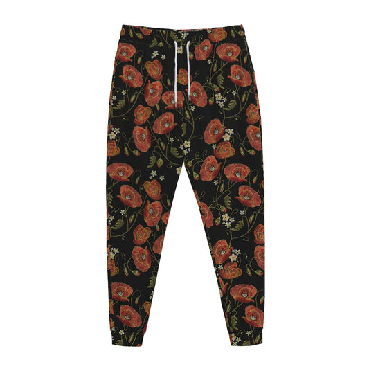 Embroidery Poppy Pattern Print Jogger Pants