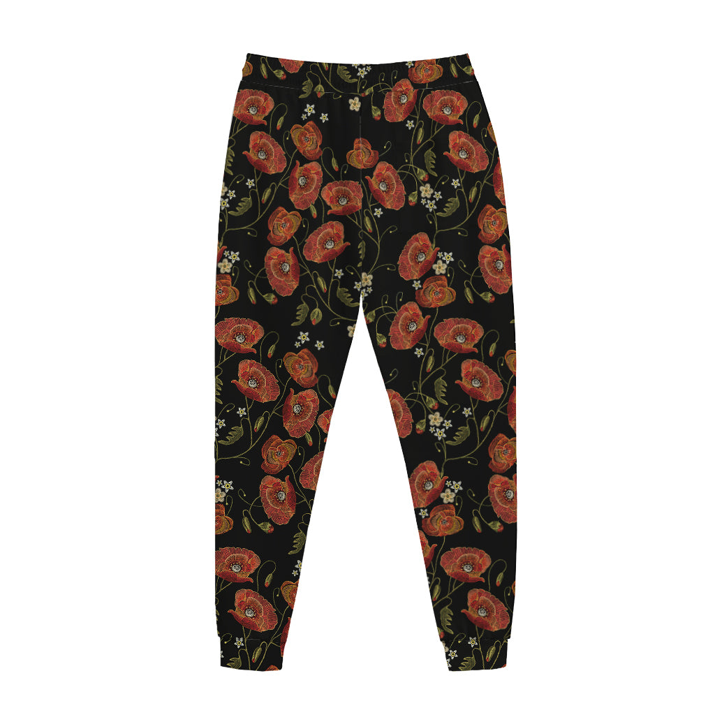 Embroidery Poppy Pattern Print Jogger Pants