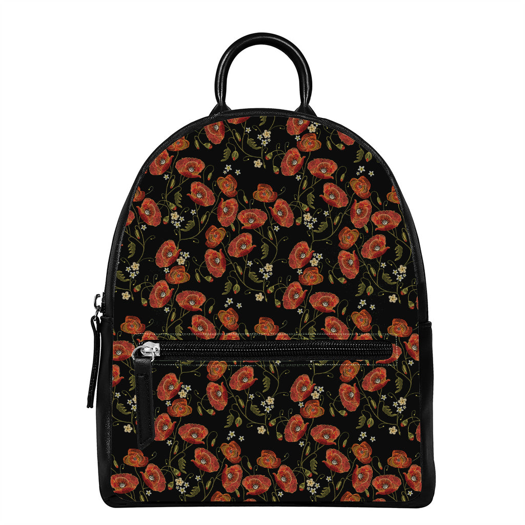 Embroidery Poppy Pattern Print Leather Backpack
