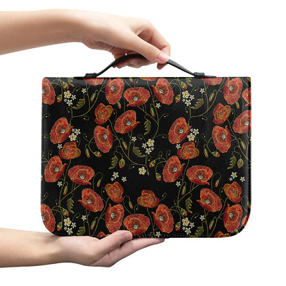 Embroidery Poppy Pattern Print Leather Bible Cover