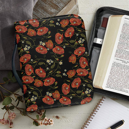 Embroidery Poppy Pattern Print Leather Bible Cover