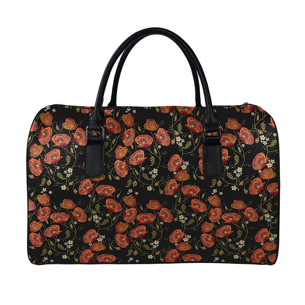 Embroidery Poppy Pattern Print Leather Duffle Bag