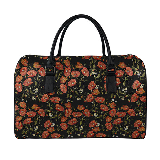 Embroidery Poppy Pattern Print Leather Duffle Bag
