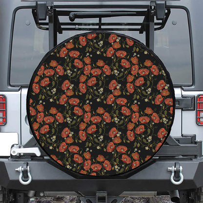 Embroidery Poppy Pattern Print Leather Spare Tire Cover