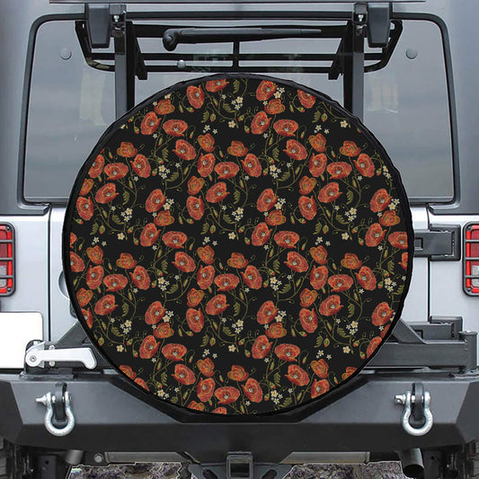 Embroidery Poppy Pattern Print Leather Spare Tire Cover