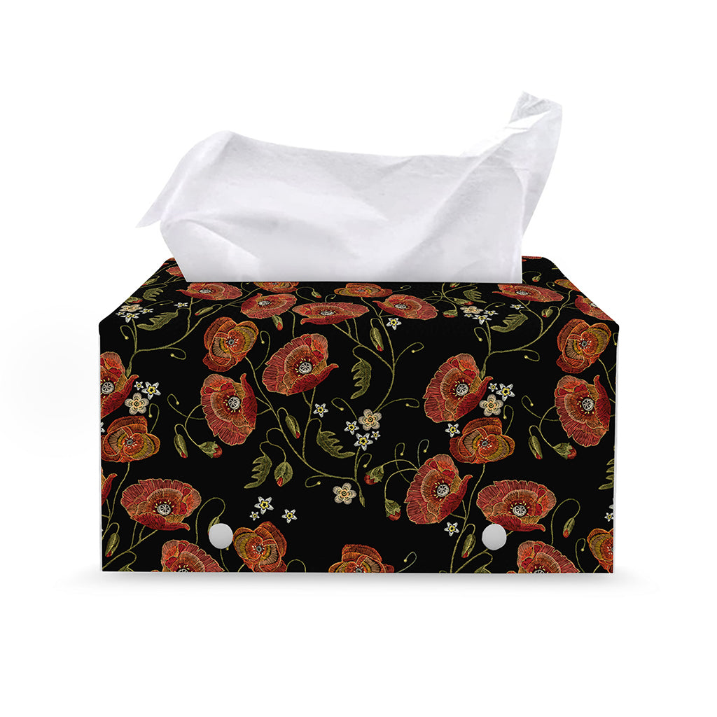 Embroidery Poppy Pattern Print Leather Tissue Box Cover