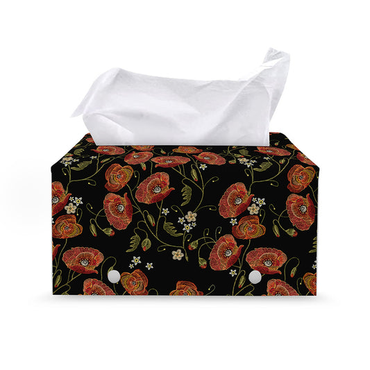 Embroidery Poppy Pattern Print Leather Tissue Box Cover