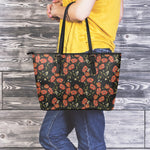 Embroidery Poppy Pattern Print Leather Tote Bag