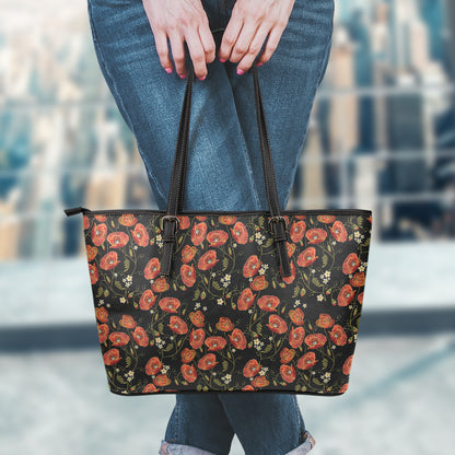 Embroidery Poppy Pattern Print Leather Tote Bag