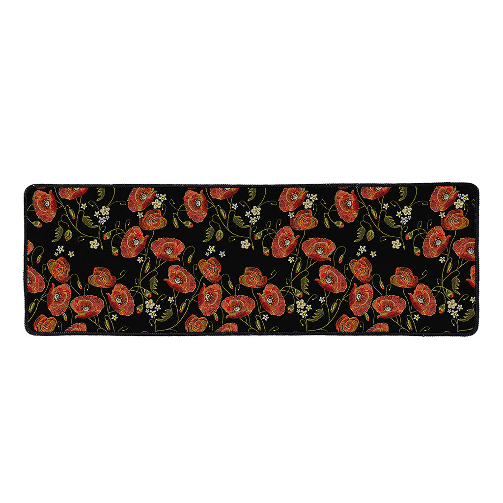 Embroidery Poppy Pattern Print Long Kitchen Mat