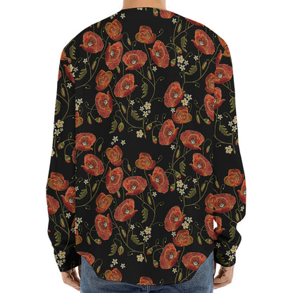 Embroidery Poppy Pattern Print Long Sleeve Baseball Jersey