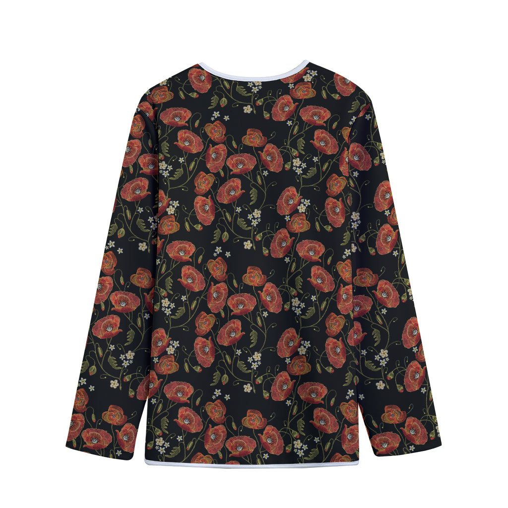 Embroidery Poppy Pattern Print Long Sleeve Short Coat