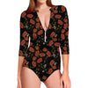 Embroidery Poppy Pattern Print Long Sleeve Swimsuit