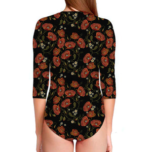 Embroidery Poppy Pattern Print Long Sleeve Swimsuit